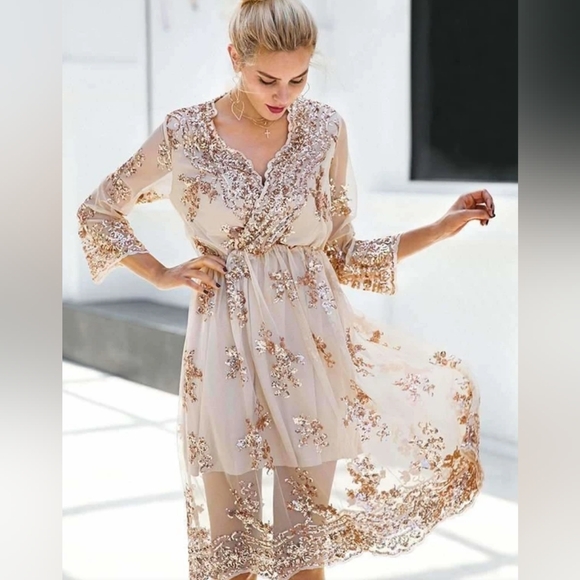 Dresses & Skirts - Floral Embroidered Sequined Semi-Sheer Whimsy Flowy Dress Size Med